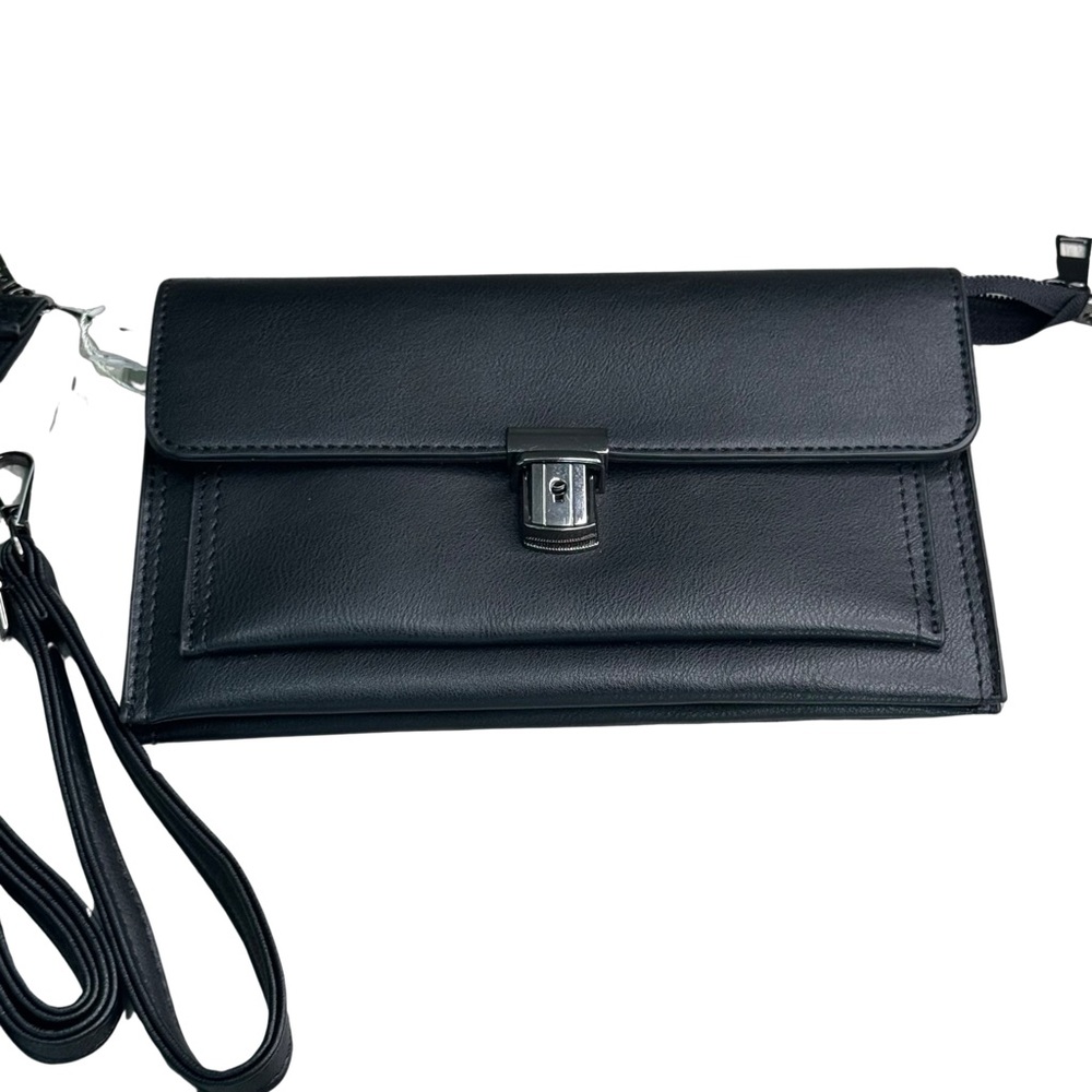 (NWT) ISABELLE Vegan Leather Black Three-Pocket Wristlet Crossbody Bag Purse